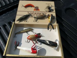 Cigar Box With Vintage Fishing Lures Mad Dad,  Heddon,  Bomber & More