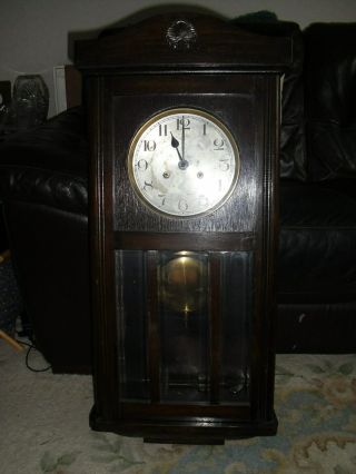 Antique / Vintage Wooden Wall Clock,  With Chime,  Size 81.  5 X 34.  5 X 17cm