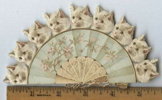 Antique Victorian Trade Card Type 9 Lives Cute Kitten Cat Fan Embossed