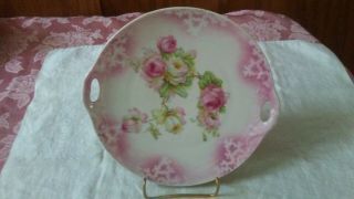 Antique.  Bavaria? Pink Porcelain Two Handles Plate Hand Painted Roses