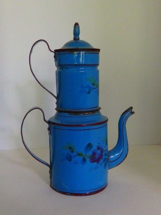 Antique Hand Painted French Enamel Ware Drip Coffee Pot Late 1800s