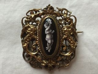 Antique Gilt Metal Painted Lady Brooch