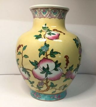 Large Chinese Hand Painted Vase Decorated With Peaches And Bats 29cm X 24cm