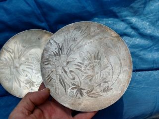 2 Antique 19th C Persian Sterling Silver Tray Footed Plate 347 Grams Not Scrap