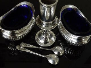Antique Edwardian Solid Silver 1906 Cruet Bristol Blue Liners And Salt Spoons