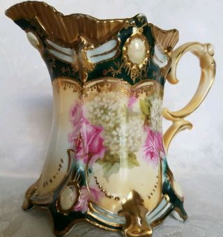 ANTIQUE RS PRUSSIA HAND PAINTED ROSES & HEAVY GOLD FOOTED ART NOUVEAU CREAMER 2