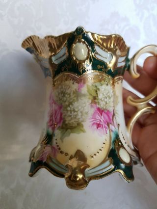 ANTIQUE RS PRUSSIA HAND PAINTED ROSES & HEAVY GOLD FOOTED ART NOUVEAU CREAMER 3