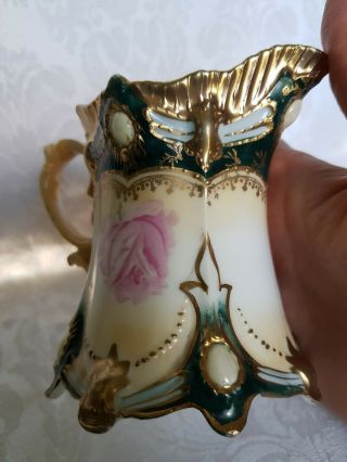 ANTIQUE RS PRUSSIA HAND PAINTED ROSES & HEAVY GOLD FOOTED ART NOUVEAU CREAMER 7