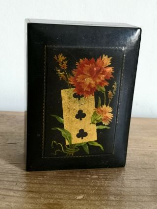 Early 20thc Black Lacquer Playing Card Box - Handpainted Three Of Clubs Design