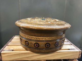VINTAGE HAND TURNED WOOD BOWL WITH LID JEWELS INLAY,  GREAT PATINA 2