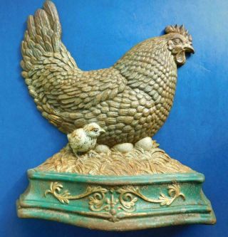 Vintage Cast Iron Mother Hen & Chick Chicken Door Stop 1900s