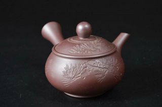 T8736: Japanese Banko - ware Brown pottery Pine sculpture Sencha TEAPOT & CUPS 2