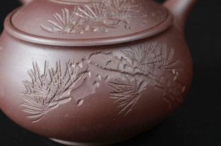 T8736: Japanese Banko - ware Brown pottery Pine sculpture Sencha TEAPOT & CUPS 3