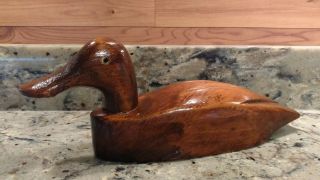 Vintage Hand - Carved Wood Duck With Glass Eyes