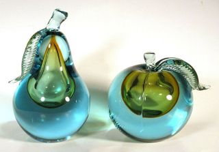 1950s Vintage Alfredo Barbini Murano Sommerso Glass Pear & Apple Bookends Blue