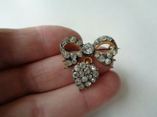 Victorian Antique Rolled Gold & Diamond Paste Love Heart Pendant Drop Bow Brooch