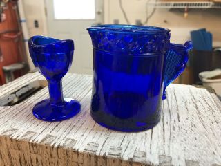 Adorable Miniature Vintage Cobalt Blue Carnival Glass Picture Goblet Set Is 2
