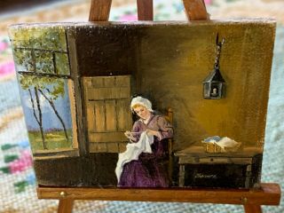 VINTAGE Miniature Dollhouse ARTISAN REAL Oil Painting J.  Turner Primitive Lady 4