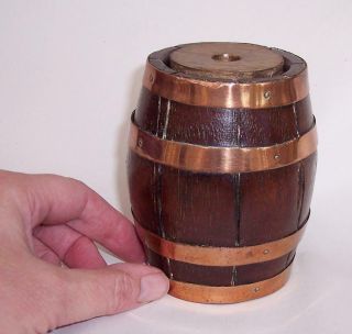 Vintage Solid Dark Oak Barrel With Copper Banding - 4 " High