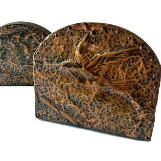 Vtg Hummingbird 40s Antique Arts & Crafts Mission Hammered Copper Brass Bookends