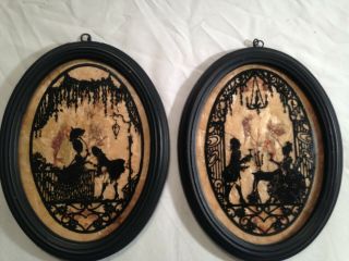 2 Vtg Reverse Painted Oval Wall Hanging Silhouette Scene Of Victorian Couple