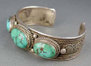 Fine Antique Chinese Nepalese Sterling Silver Filigree Turquoise Cuff Bracelet