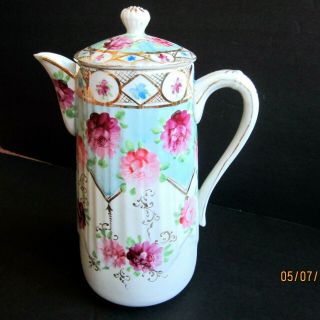 Antique Hand Painted Porcelain Cocoa Pot C.  1890 -