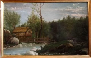Antique 19th Century French Primitive Folk River Landscape Oil Painting Signed