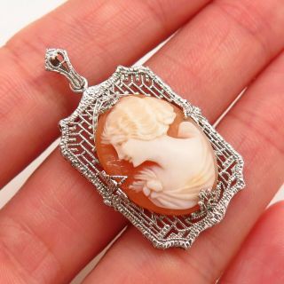 Antique Art Deco 925 Sterling Silver Lady Cameo Collectible Filigree Pendant