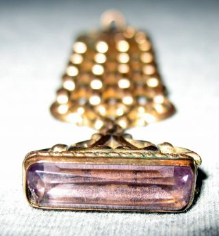 Antique Brass Watch Fob Amethyst Crystal Wide Chain