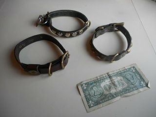 3 Vintage To Antique Small Dog Collars.  Dog Collars W/hearts,  Studs & Shot Shell