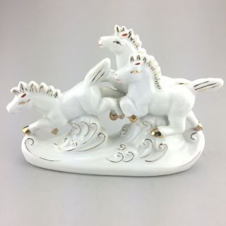 Vintage White Gold Porcelain 3 Horse Statue Made In China