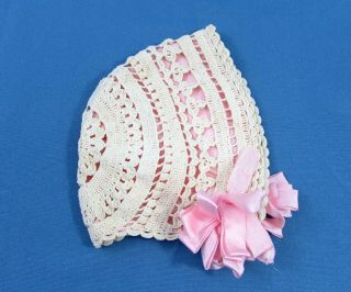 Antique Baby Hat Doll Hat - Fine Crochet Lace With Pink Silk