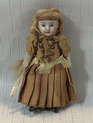 Antique Bisque Dollhouse Doll 3 1/4”h Dressed In Ethnic Old Time Clothing Blonde