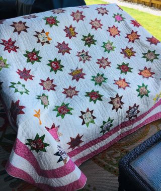 1860 Star Quilt.  Brilliant Colors.  Early Fabrics