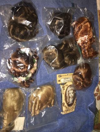 9 Vintage Doll Wigs,  Most Old Stock,  Crafts Many Sizes 6 - 20 " Dollspart Etc