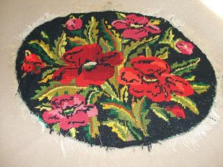 Antique Needlepoint Featuring Red & Pink Flowers On Black Background