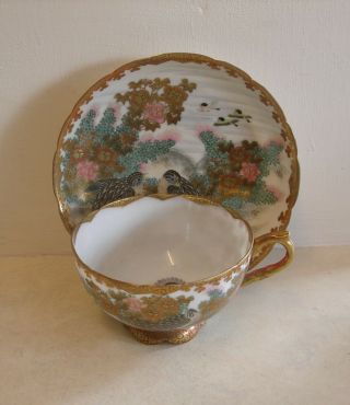 2 Japanese Eggshell Cups and Saucers - With Quail,  Blossom and Heavy Gilding 3 6