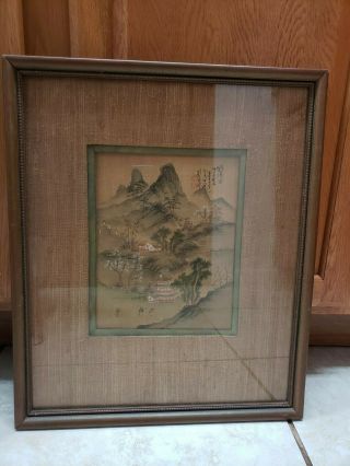 Antique Chinese Painting On Silk Mountain Landscape With Houses Signed Framed