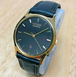 Vintage Citizen Men Gold Tone Black Leather Analog Quartz Watch Hour Battery