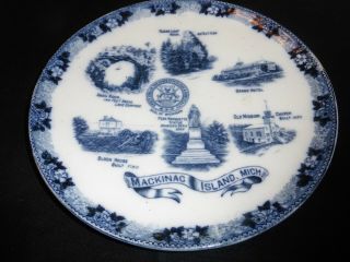 Antique Souvenir Plate Mackinac Island Michigan Flow Blue W Adams Co England