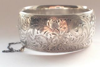 Stunning Thick Big Antique 925 Sterling Silver Bangle Engraved Retro Flower 40g