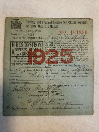 Antique 1925 Hunting Trapping License For The State Of York