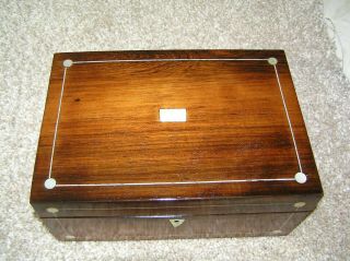 Antique Victorian Rosewood Jewellery/trinket Box With Mop & Pewter Stringing.