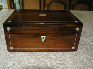 ANTIQUE VICTORIAN ROSEWOOD JEWELLERY/TRINKET BOX WITH MOP & PEWTER STRINGING. 2