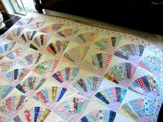 Vintage Feed Sack Hand Sewn GRANDMOTHER ' S FAN Thin Quilt,  Needs TLC; TWIN 2