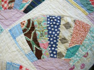 Vintage Feed Sack Hand Sewn GRANDMOTHER ' S FAN Thin Quilt,  Needs TLC; TWIN 8