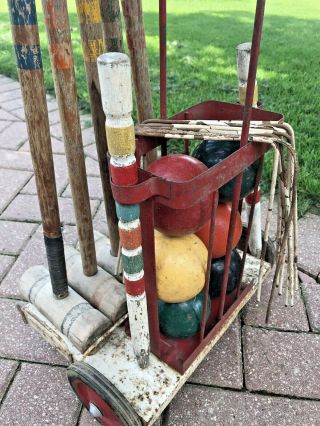 Antique Vintage Wooden Croquet Set W/ Wheeled Stand