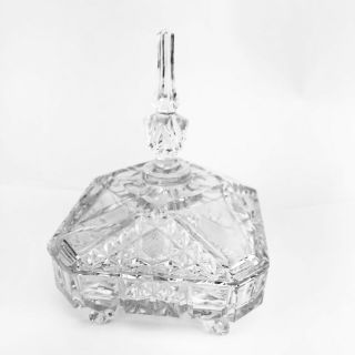 Vtg Cut Crystal Footed Square Candy Dish With Lid