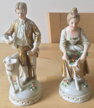 Antique German Or French Porcelain Figurines Woman Man Dog Flowers
